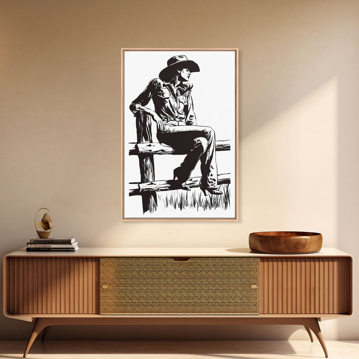 Cowgirl Resting on Fence Art Print, Western Silhouette Framed Canvas, Vintage Cowgirl Artwork, Rustic Home Decor