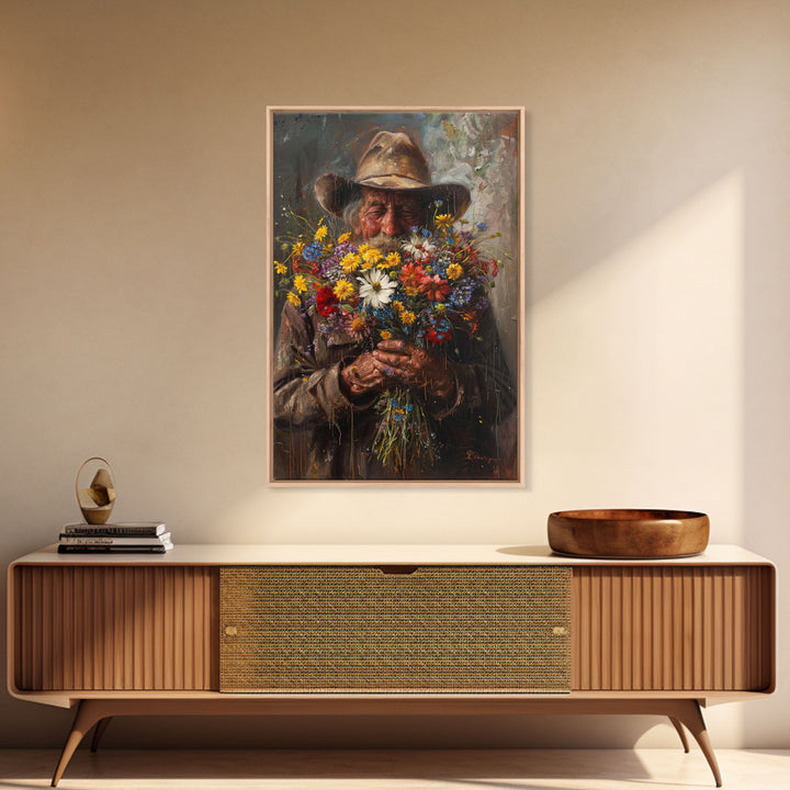 Old Cowboy with Wildflowers - Framed Canvas Print, Vintage Living Room Art, Rustic Bedroom Decor, Western Art, Wall Art
