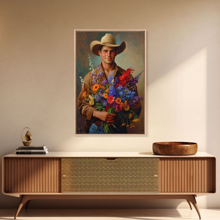 Handsome Cowboy with Wildflowers - Framed Canvas Print, Western Living Room Art, Rustic Bedroom Decor, Cowboy Art, Wall Art