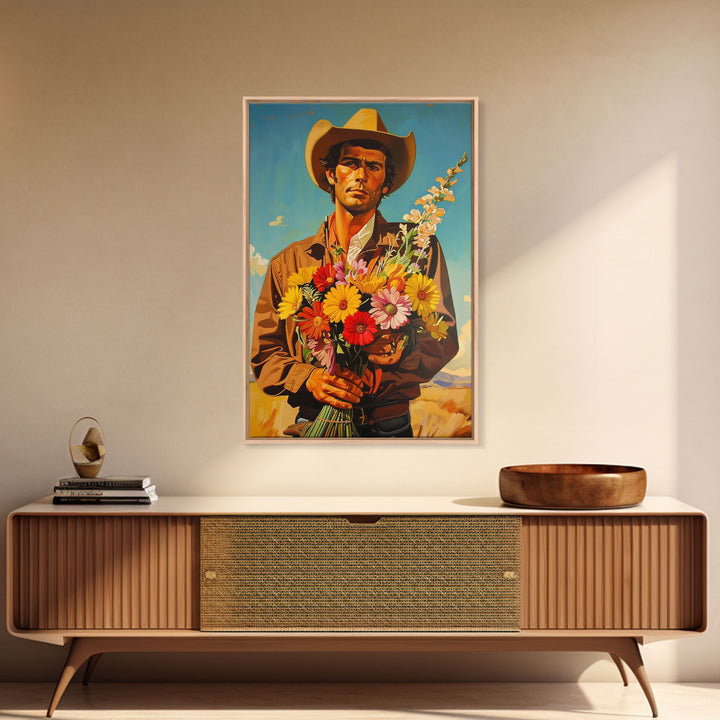 Vintage Cowboy Holding Flowers - Framed Canvas Print, Southwestern Living Room Art, Rustic Bedroom Decor, Retro Art, Wall Art