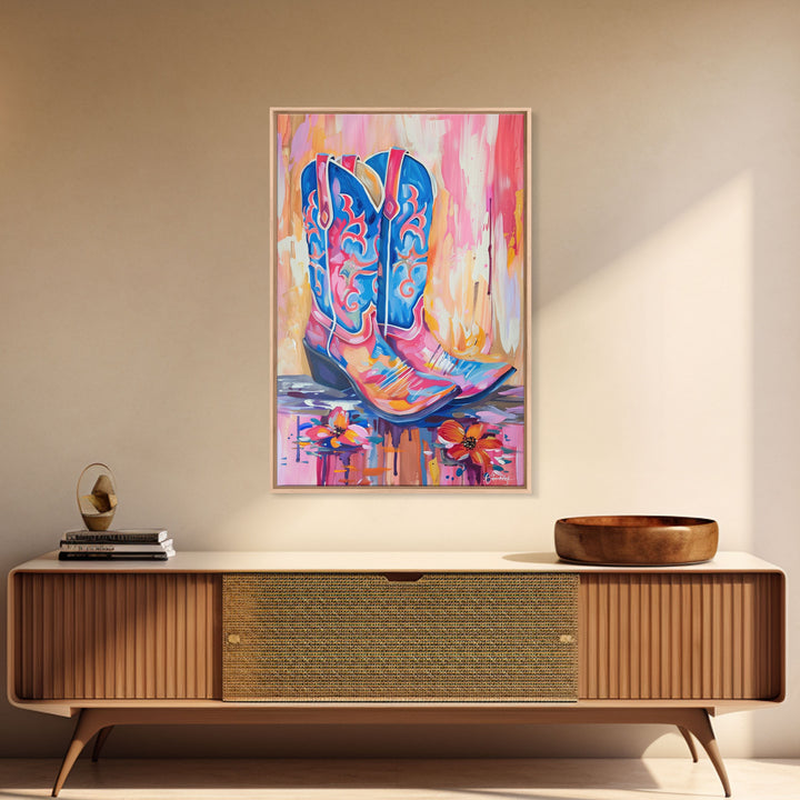 Colorful Cowboy Boots with Flowers - Framed Canvas Print, Rustic Western Decor, Vibrant Boot Wall Art for Home Decoration