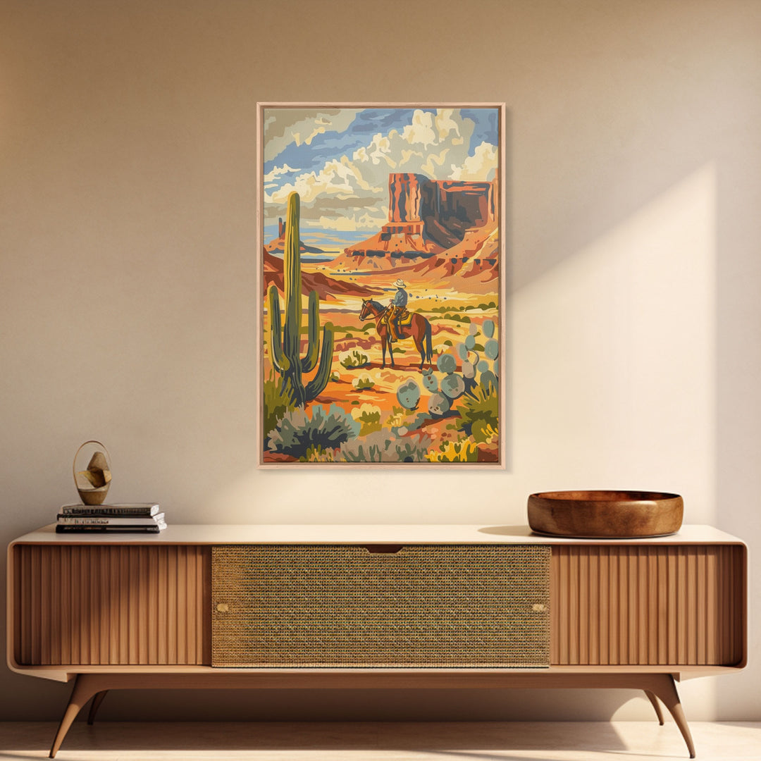 Desert Cowboy Riding Through Cactus - Framed Canvas Print, Western Landscape Art, Southwestern Wall Art for Home Decoration