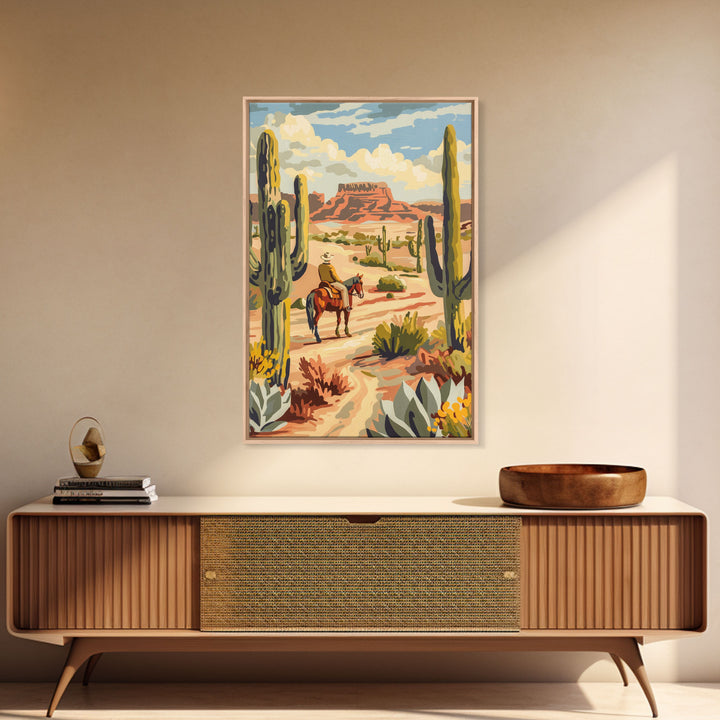 Cowboy Riding in Desert Landscape with Cacti - Framed Canvas Print, Western Art, Southwestern Decor, Desert Scene Wall Art for Home