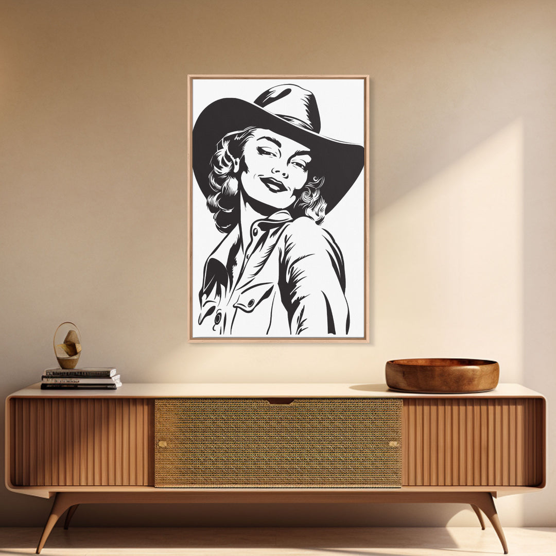 Smiling Cowgirl Portrait Art Print, Western Silhouette Framed Canvas, Vintage Cowgirl Artwork, Unique Wall Decor