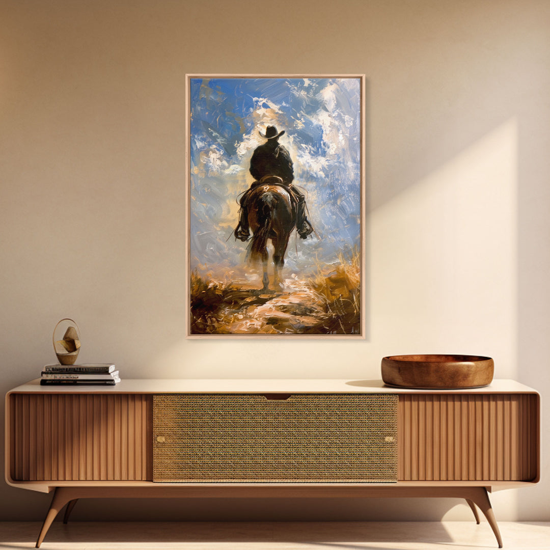 Cowboy Silhouette Riding Through the Plains - Framed Canvas Print, Western Art, Rustic Decor, Living Room Wall Art, Cowboy Themed Art