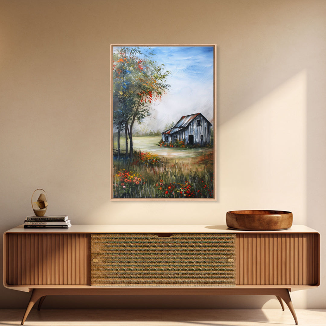 Idyllic Barn Scene with Rustic Charm - Framed Canvas Print, Country Living Room Decor, Farmhouse Wall Art, Barn Art Print for Bedroom