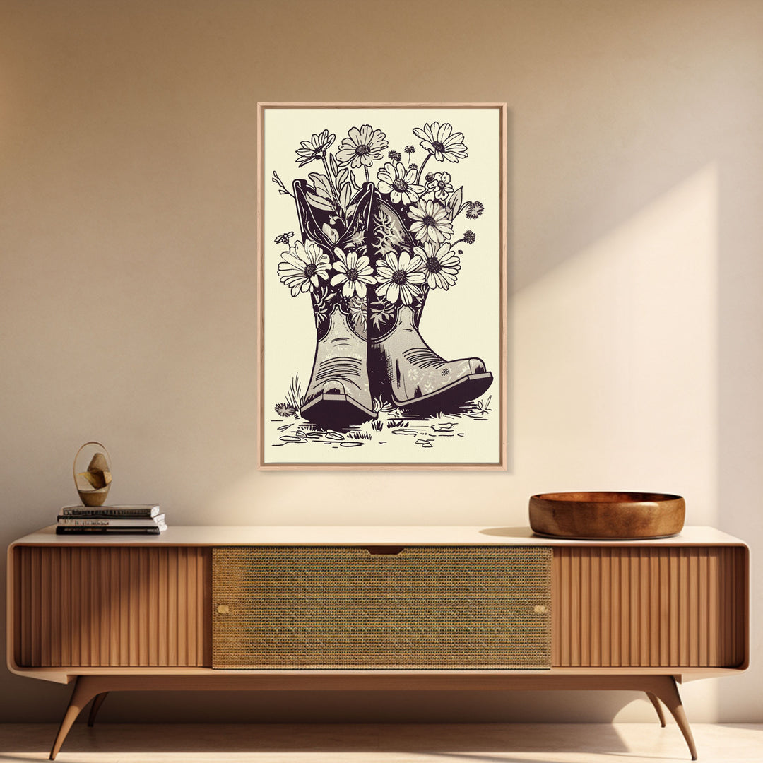 Cowboy Boots with Flowers Art Print, Western Silhouette Framed Canvas, Vintage Floral Boots Art, Unique Home Decor
