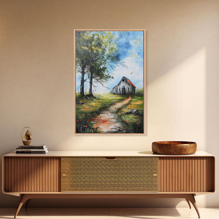 Tranquil Farmhouse with Colorful Flowers - Framed Canvas Print, Country Living Room Decor, Farmhouse Wall Art, Rustic Art Print for Bedroom