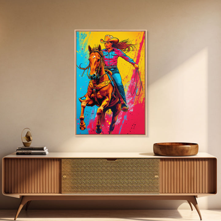 Bold Pop Art Cowgirl Riding Horse with Bright Colors - Framed Canvas Print, Equestrian Decor, Cowgirl Art for Bedroom, Living Room Wall Art