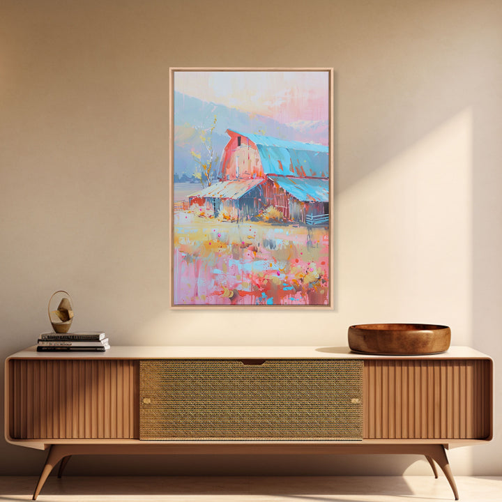 Rustic Pastel Barn in Countryside Landscape - Framed Canvas Print, Farmhouse Decor, Country Art for Living Room, Rustic Wall Art for Home