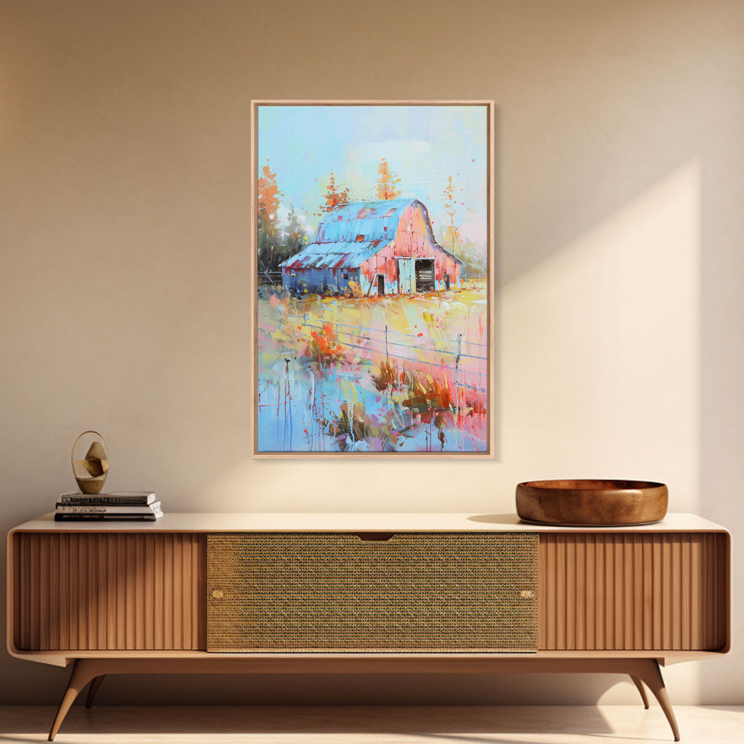 Serene Barn Scene in Soft Pastel Hues - Framed Canvas Print, Rustic Decor, Countryside Art for Bedroom, Farmhouse Wall Art for Living Room