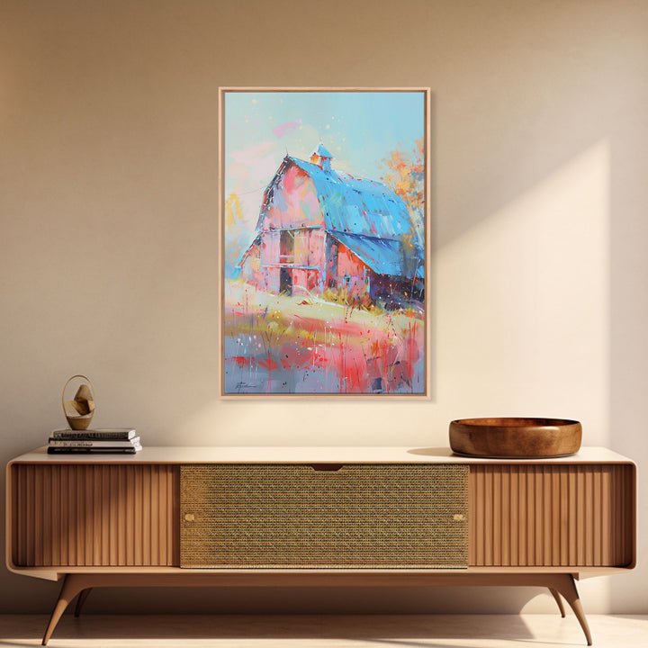 Charming Barn with Blue Roof in Pastel Colors - Framed Canvas Print, Rustic Farmhouse Decor, Country Art for Home, Living Room Wall Art