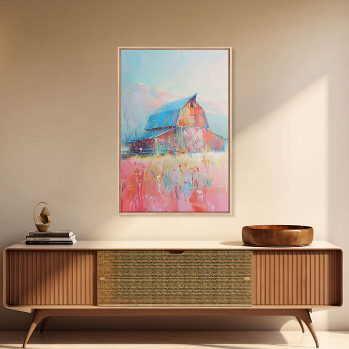 Idyllic Pastel Barn Scene in Vibrant Colors - Framed Canvas Print, Farmhouse Decor, Countryside Art for Bedroom, Rustic Wall Art Living Room