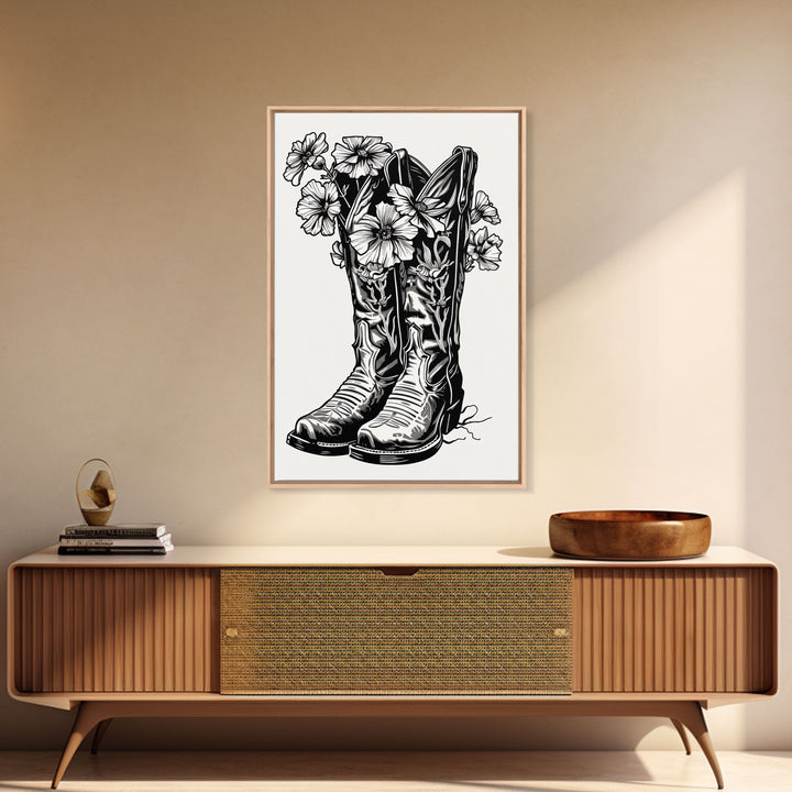 Floral Cowboy Boots Art Print, Retro Western Framed Canvas, Vintage Flower Boots Artwork, Unique Wall Decor for Home
