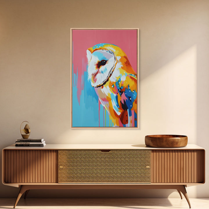 Colorful Owl Pop Art on Pink and Blue Background - Framed Canvas Print, Bird Decor, Owl Art for Living Room, Vibrant Wall Art for Bedroom