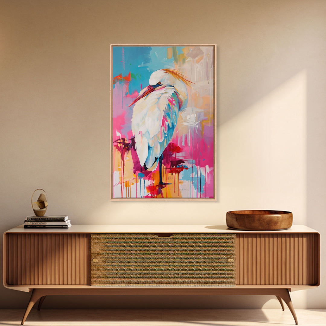 Elegant White Bird in Colorful Abstract Background - Framed Canvas Print, Bird Decor Modern Art for Living Room Vibrant Wall Art for Bedroom