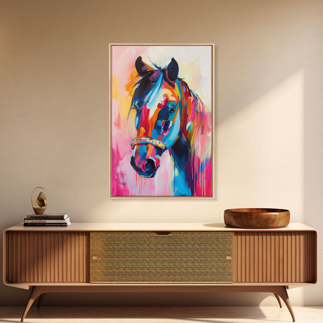 Colorful Horse Portrait in Pop Art Style - Framed Canvas Print, Horse Decor, Equestrian Art for Living Room, Bright Wall Art for Bedroom