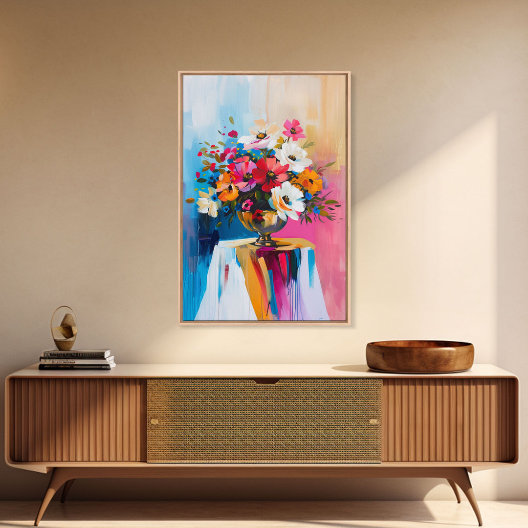 Colorful Floral Arrangement in Bright Vase - Framed Canvas Print, Flower Decor, Floral Art for Living Room, Vibrant Wall Art for Home