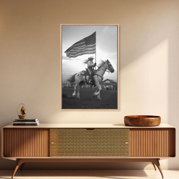 Cowgirl with American Flag Art Print, Western Rodeo Framed Canvas, Vintage Black and White Photography, Unique Home Decor