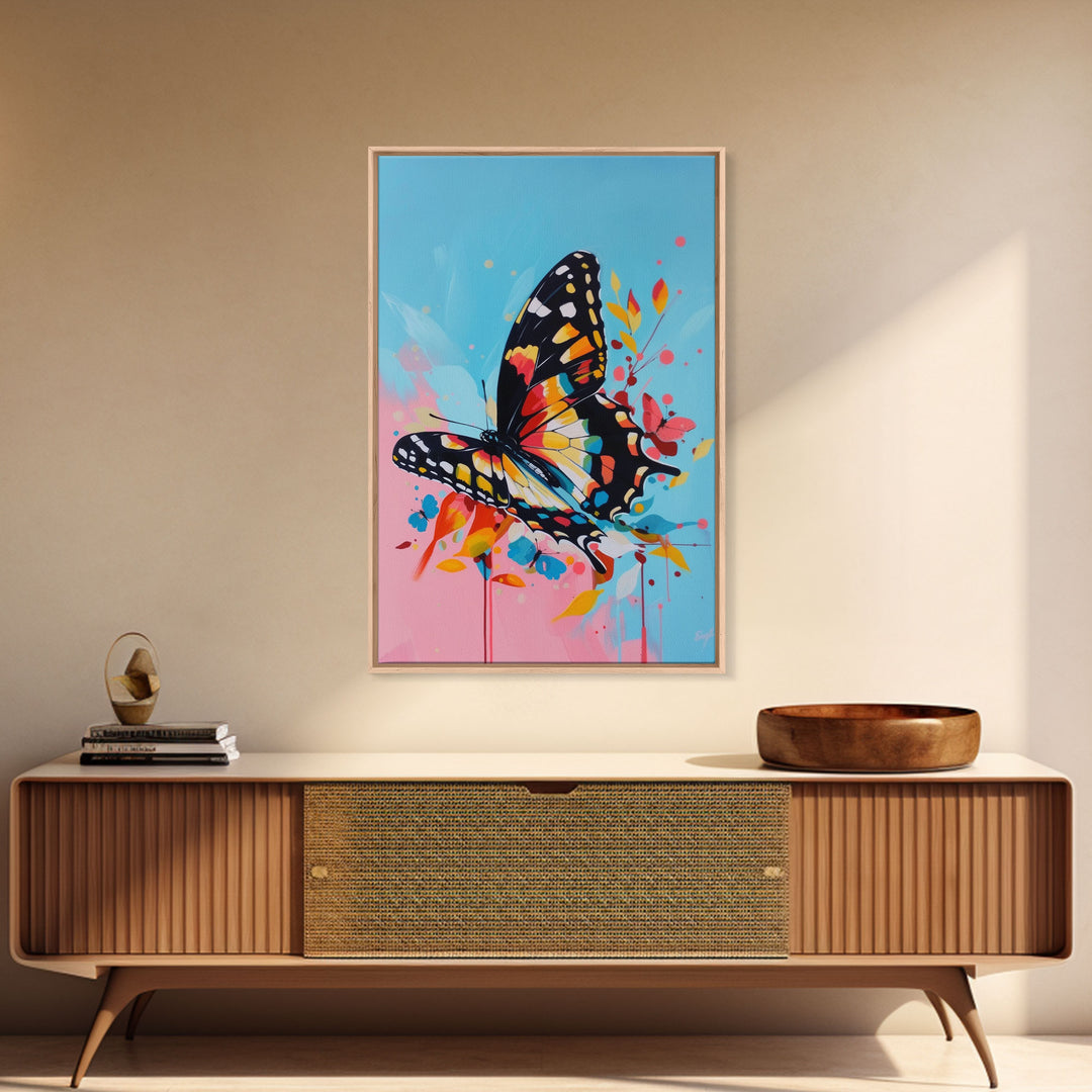 Butterfly and Blossoms Framed Canvas Print - Colorful Wall Art, Living Room Decor, Nature Artwork, Unique Art for Bedroom and Office