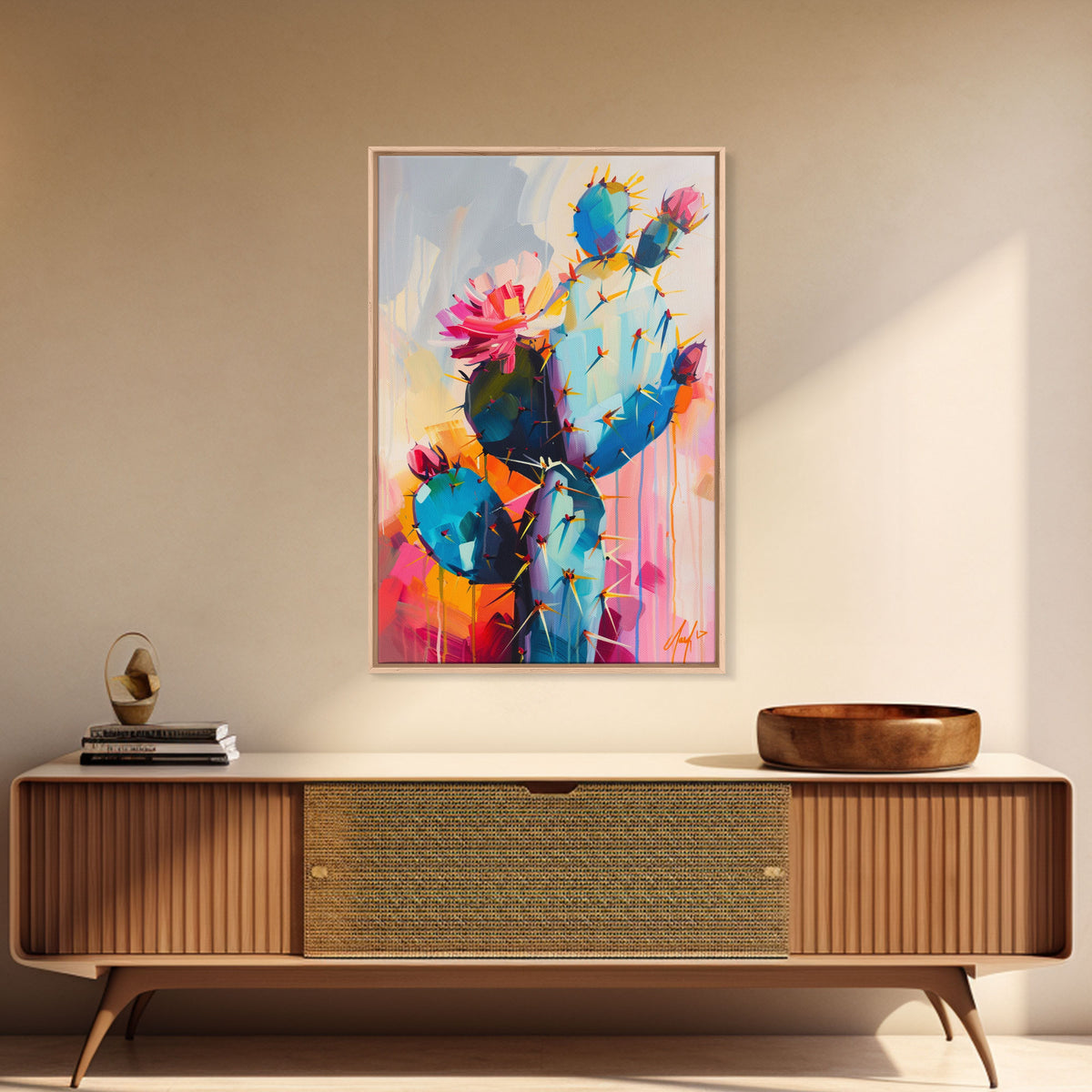 Flowering Cactus Framed Canvas Print - Desert Plant Wall Art, Living Room Decor, Modern Artwork, Unique Succulent Art for Bedroom and Office