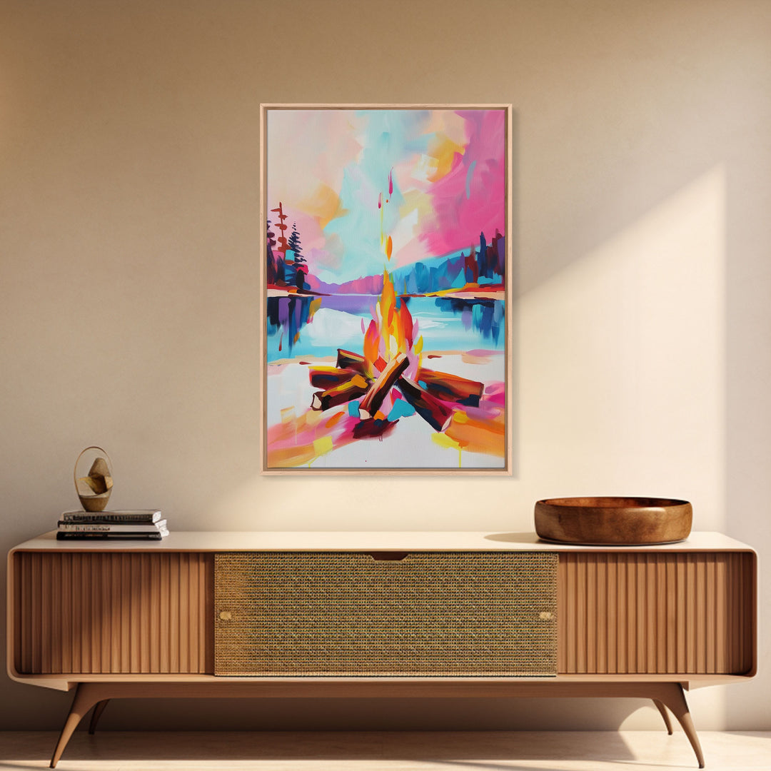 Campfire by the Lake Framed Canvas Print - Colorful Nature Wall Art, Living Room Decor, Modern Artwork, Unique Fire Art for Bedroom Office
