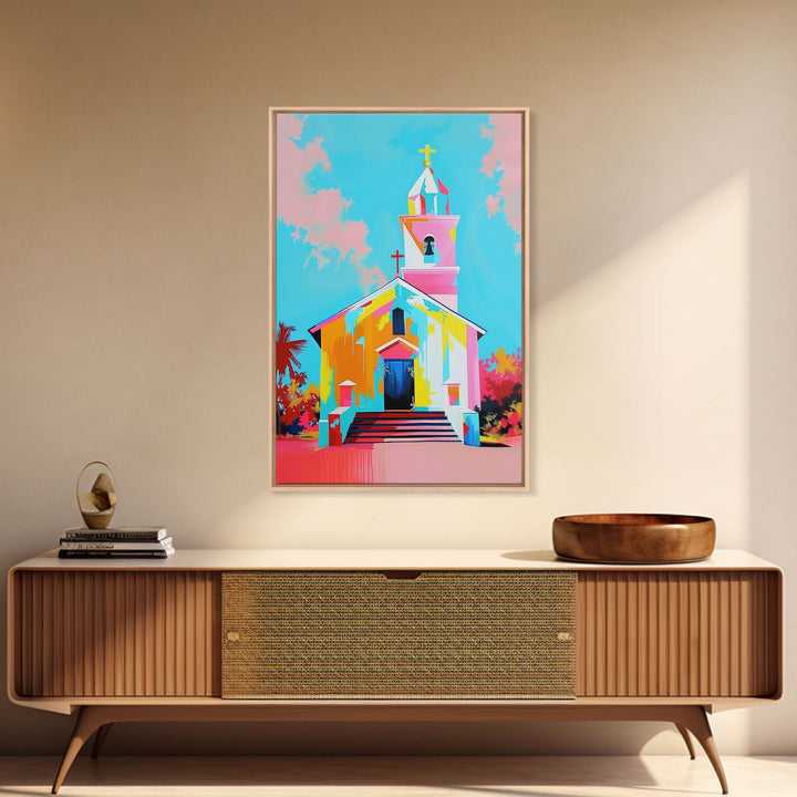 Vibrant Church Art in Pastel Hues - Framed Canvas Print, Colorful Religious Decor, Contemporary Church Wall Art for Living Room or Bedroom