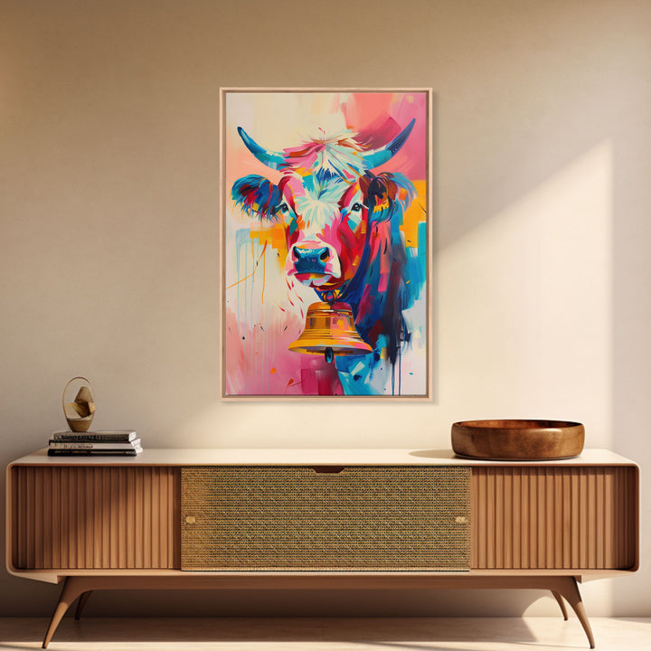 Expressive Cow Art in Bold Hues - Framed Canvas Print, Colorful Animal Decor, Modern Farmhouse Wall Art for Living Room or Bedroom