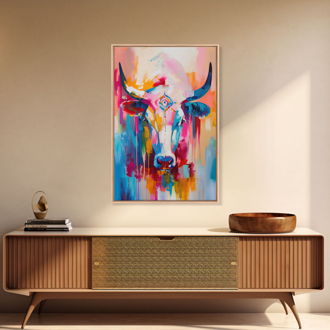 Colorful Bull Painting with Abstract Style - Framed Canvas Print, Bold Animal Wall Art, Modern Bull Decor for Living Room or Bedroom