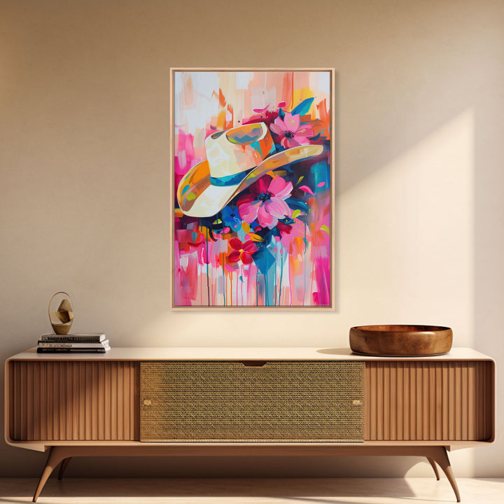 Cowboy Hat with Flowers in Bold Colors - Framed Canvas Print, Vibrant Western Decor, Colorful Hat Wall Art for Living Room or Bedroom