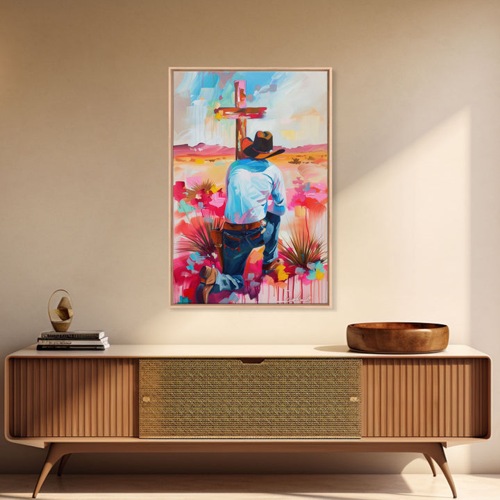 Cowboy Praying by the Cross in Vibrant Colors - Framed Canvas Print, Colorful Western Decor, Modern Cowboy Wall Art for Living Room Bedroom