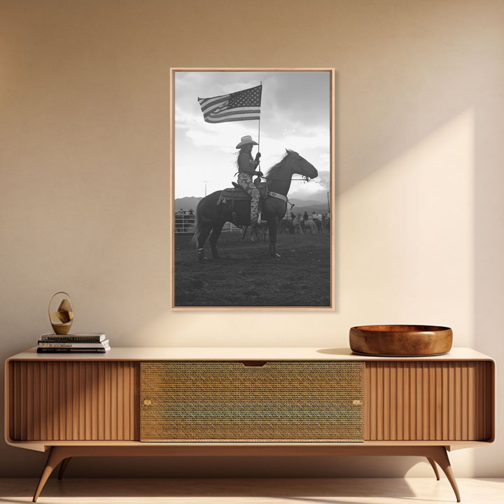 Cowgirl Riding with Flag Art Print, Western Rodeo Framed Canvas, Vintage Black and White Photography, Unique Home Decor