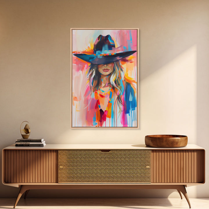 Modern Cowgirl in Hat Art - Framed Canvas Print, Stylish Bedroom Wall Art, Vibrant Living Room Decor, Contemporary Cowgirl Portrait