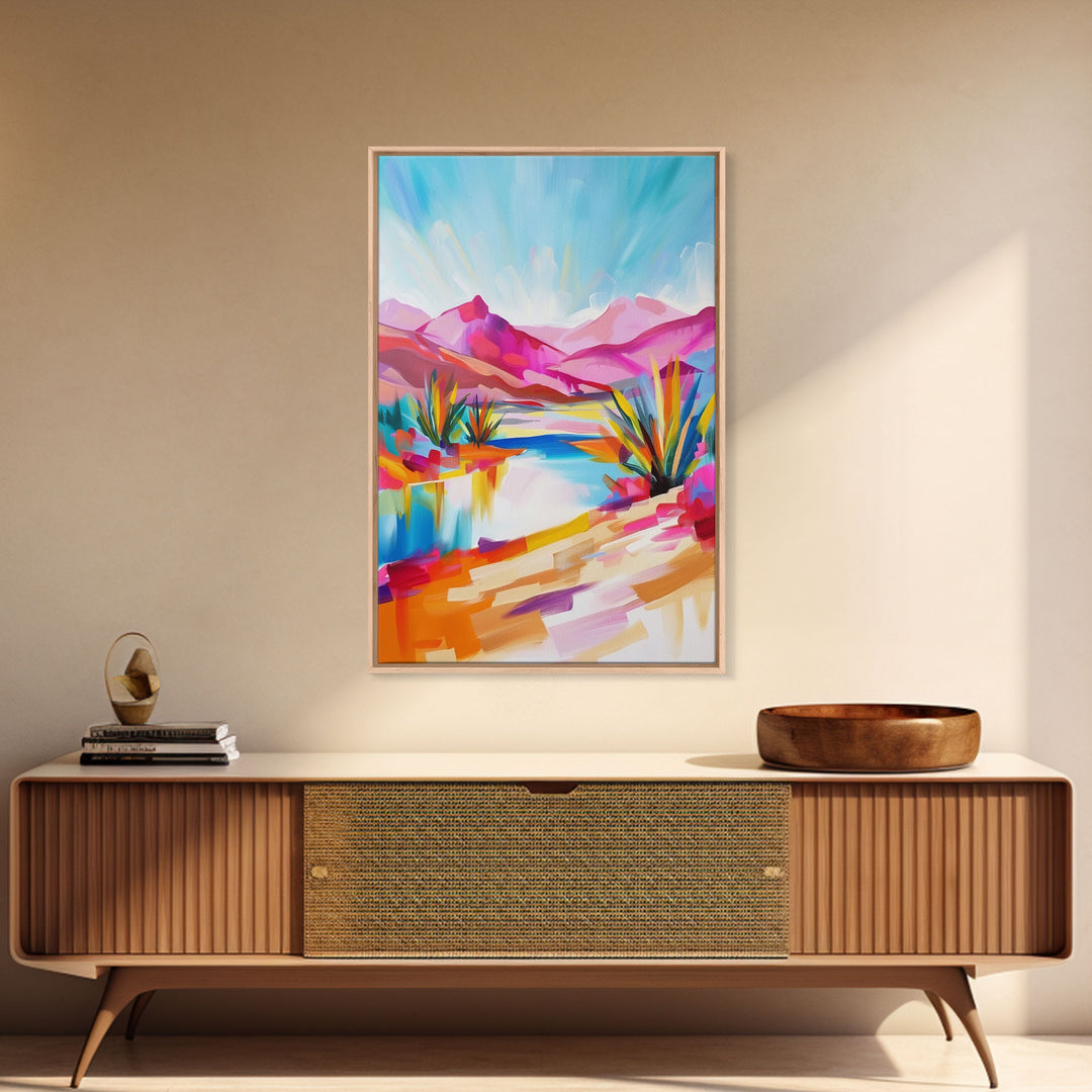 Bright Southwestern Landscape Art - Framed Canvas Print, Desert Decor, Vibrant Living Room Wall Art, Colorful Nature Scene