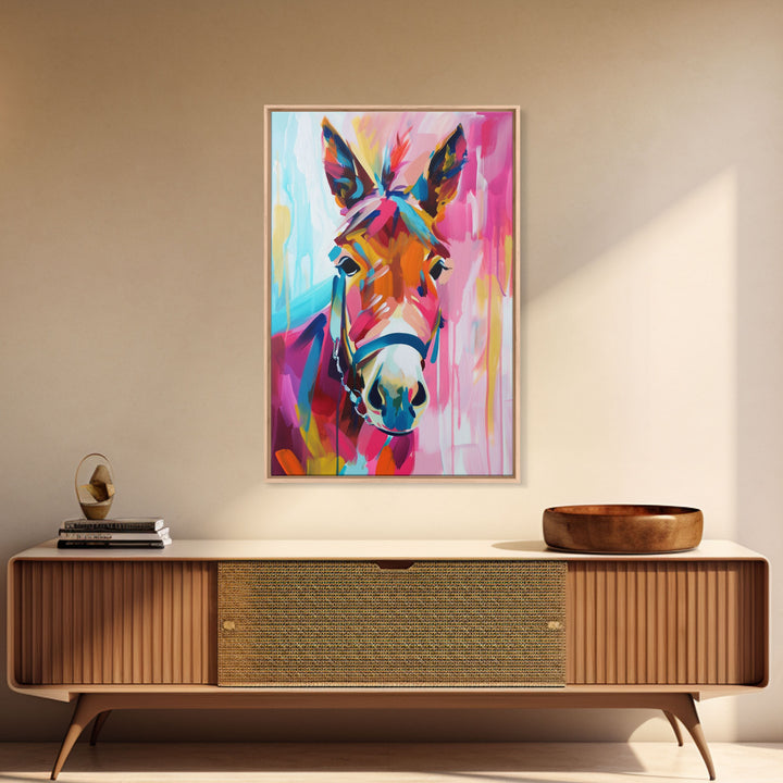Colorful Donkey Portrait Art - Framed Canvas Print, Southwestern Decor, Vibrant Living Room Wall Art, Modern Animal Portrait