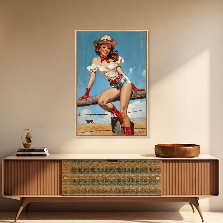 Retro Cowgirl Pin-Up Art Print, Framed Canvas Western Decor, Vintage Pin-Up Girl in Red Boots, Classic Western Artwork for Home