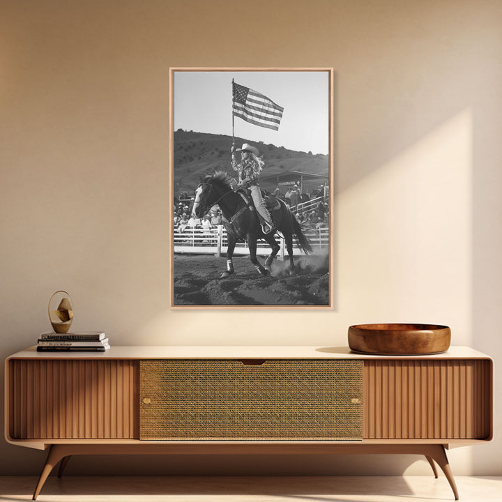 Cowgirl Flag Bearer Art Print, Western Rodeo Framed Canvas, Vintage Black and White Photography, Unique Wall Decor