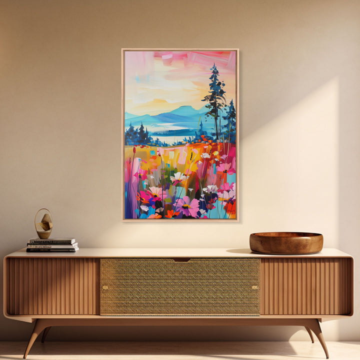 Serene Landscape with Wildflowers Framed Canvas Print - Pastel Sunset Wall Art, Tranquil Living Room Decor, Nature-Inspired Bedroom Art