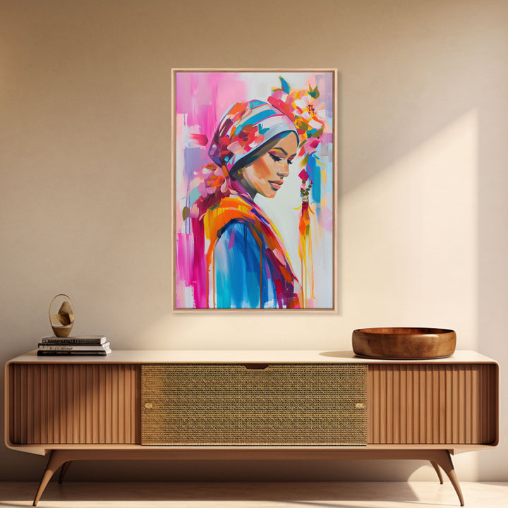 Portrait of Woman in Floral Headscarf Framed Canvas Print - Elegant Wall Art, Feminine Living Room Decor, Artistic Bedroom Art