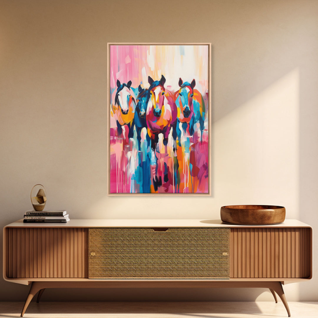 Colorful Horses Running Framed Canvas Print - Vibrant Horse Wall Art, Energetic Living Room Decor, Dynamic Bedroom Art, Equestrian Art