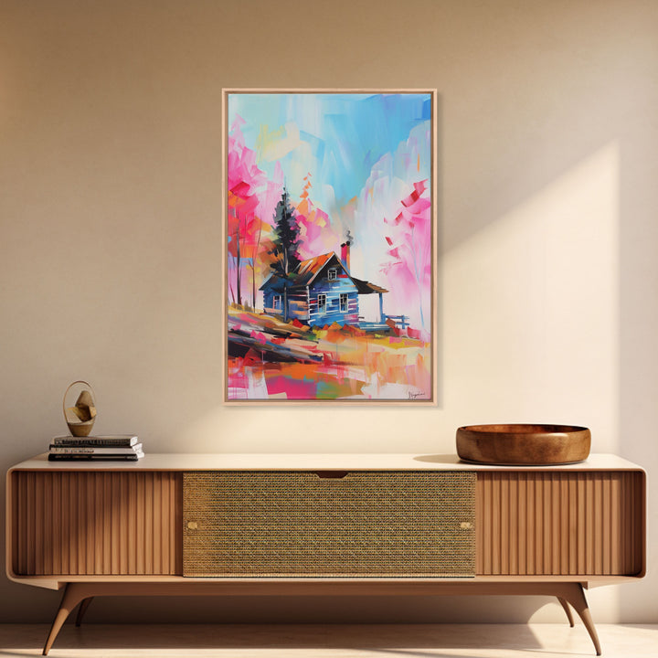 Cozy Cabin in Colorful Forest Framed Canvas Print - Charming Cottage Wall Art, Cozy Living Room Decor, Warm Bedroom Art, Rustic Home Decor