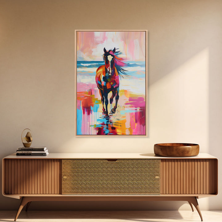 Horse on Beach in Bold Colors Framed Canvas Print - Beach Horse Wall Art, Colorful Living Room Decor, Bedroom Art, Coastal Equestrian Art