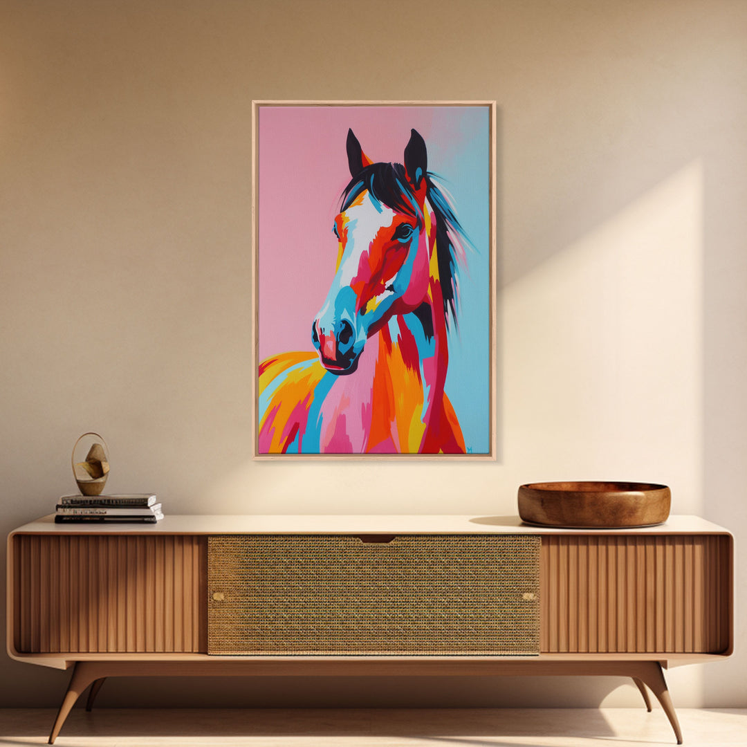 Colorful Horse Portrait - Framed Canvas Print, Bold Wall Art, Living Room Decor, Modern Horse Artwork, Vibrant Animal Art, Bedroom Decor