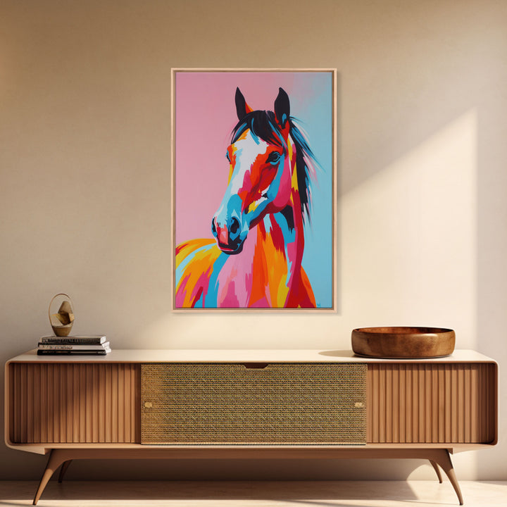 Colorful Horse Portrait - Framed Canvas Print, Bold Wall Art, Living Room Decor, Modern Horse Artwork, Vibrant Animal Art, Bedroom Decor