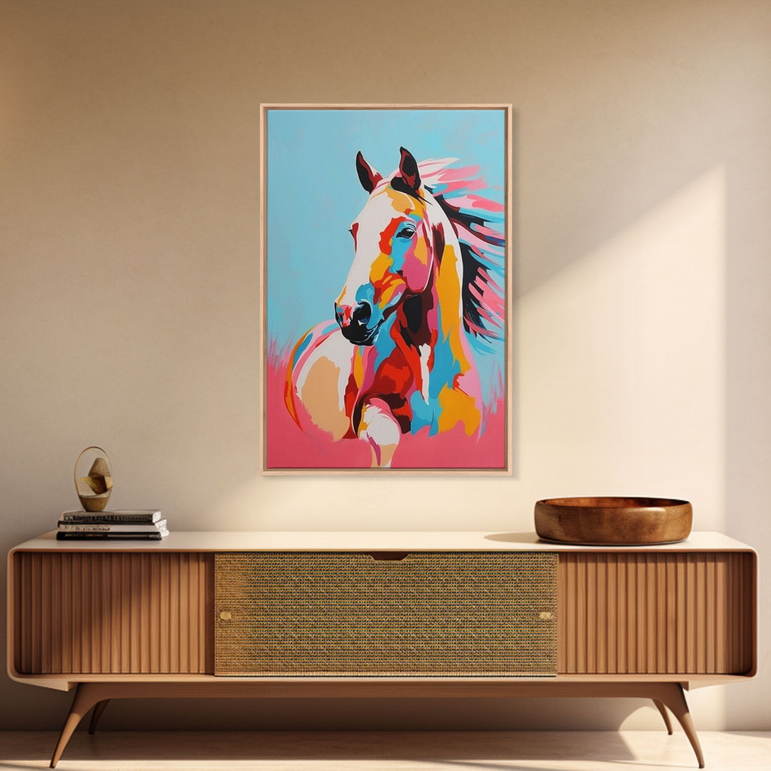 Bold Horse Portrait in Bright Colors - Framed Canvas Print, Modern Wall Art, Living Room Decor, Vibrant Animal Artwork, Bedroom Art Print