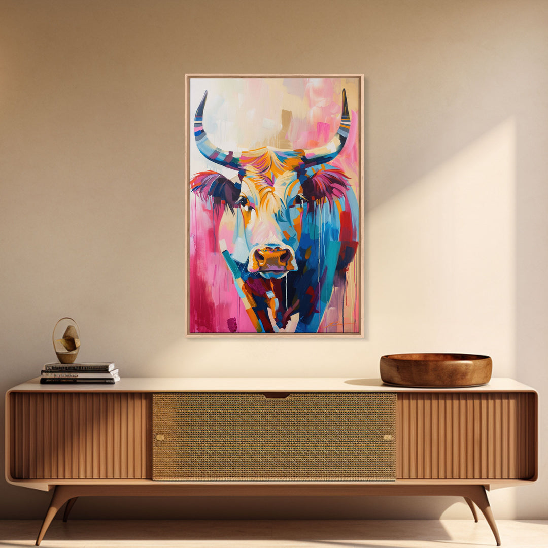 Colorful Cow Portrait - Framed Canvas Print, Vibrant Wall Art, Modern Living Room Decor, Bold Animal Artwork, Cow Art Print, Bedroom Decor