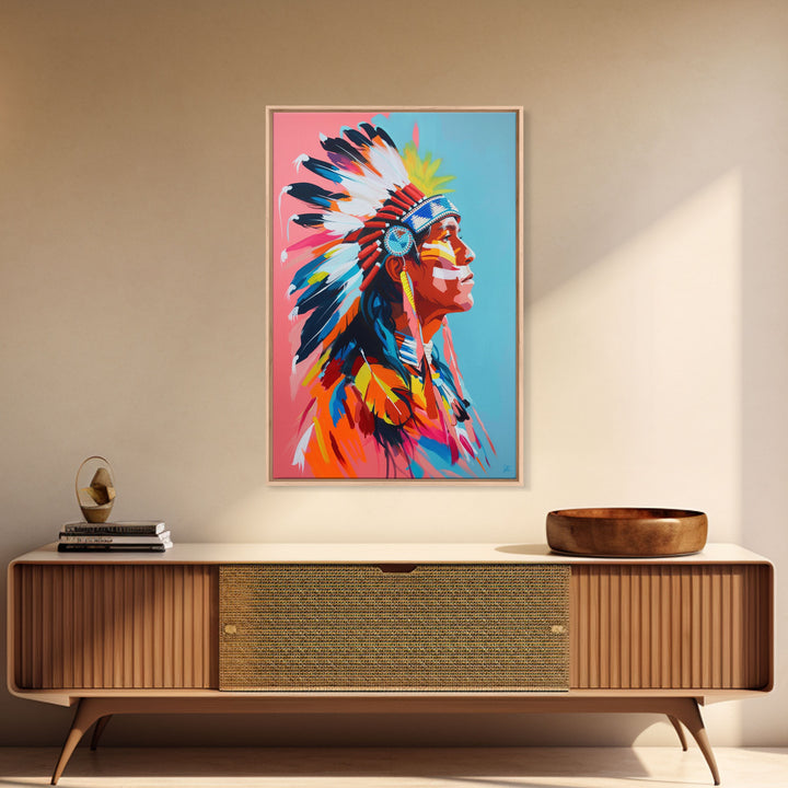 Colorful Native American Portrait - Framed Canvas Print, Vibrant Wall Art, Modern Living Room Decor, Bold Cultural Artwork, Native Art Print
