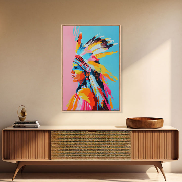 Colorful Native American Woman Framed Canvas Print - Stunning Wall Art, Bedroom Decor, Vibrant Tribal Artwork for Living Room
