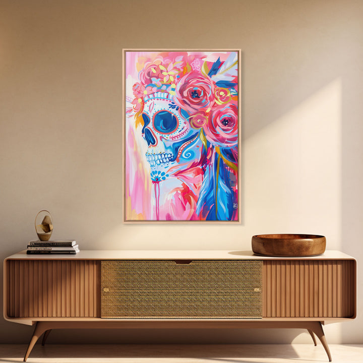 Floral Sugar Skull Framed Canvas Print - Day of the Dead Art, Colorful Wall Art, Living Room Decor, Mexican Folk Art for Bedroom