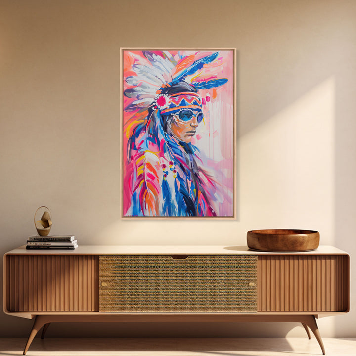 Modern Native American Framed Canvas Print - Colorful Wall Art, Tribal Decor, Bold Living Room Art, Contemporary Indigenous Artwork